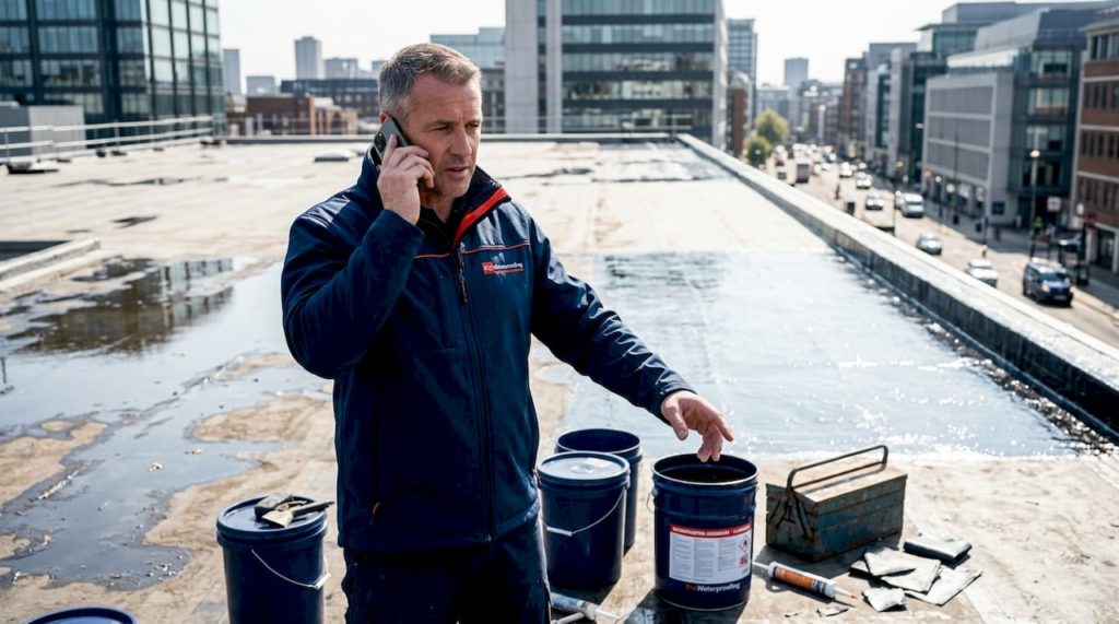 Manager inspecting flat roof waterproofing