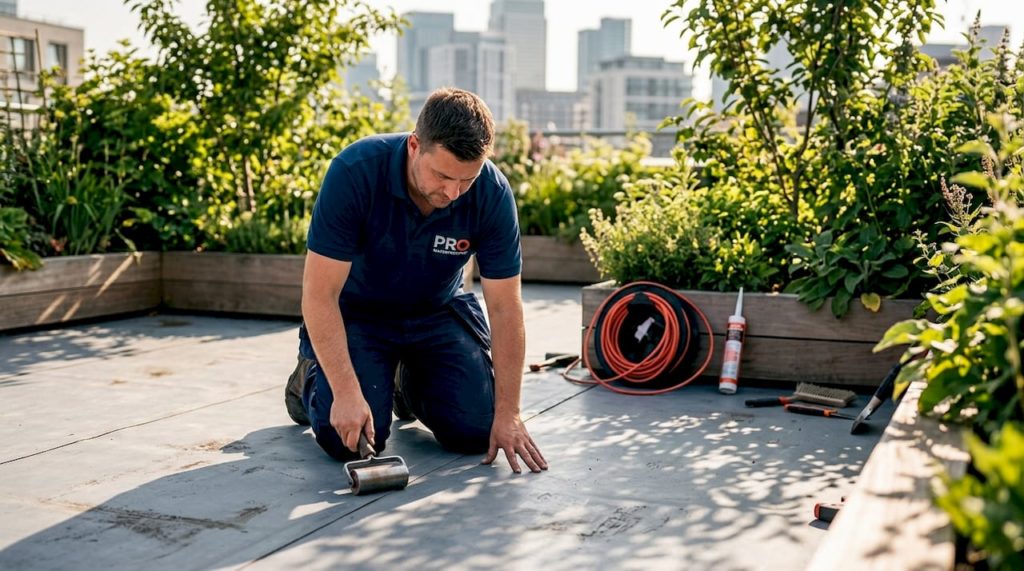 Roofer applying membrane on flat roof