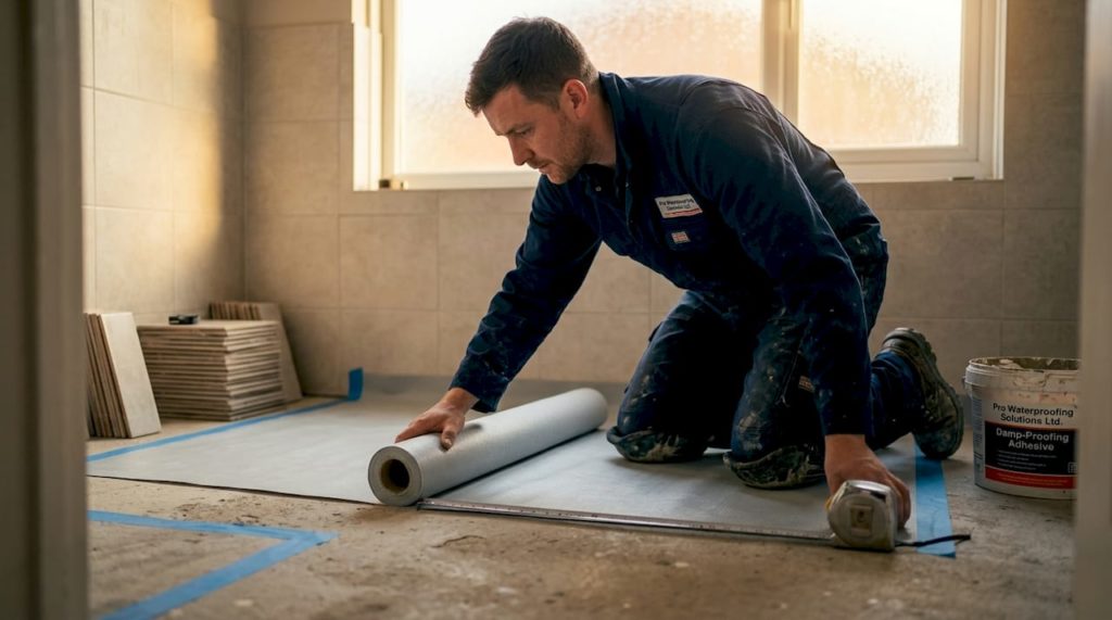 Tiler installing waterproof membrane in bathroom