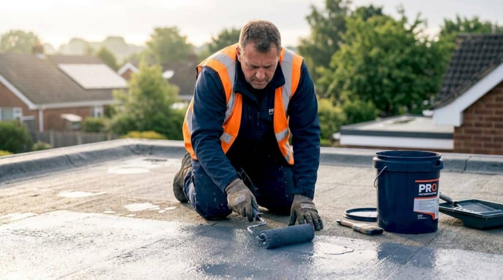 Contractor applying waterproofing on flat roof