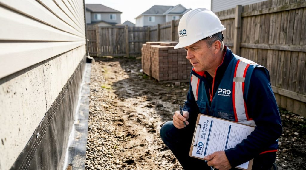 Inspector examining foundation waterproofing