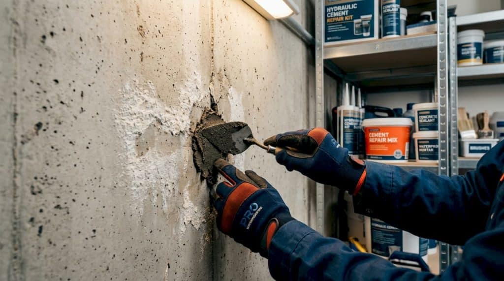 Hands sealing crack in basement wall