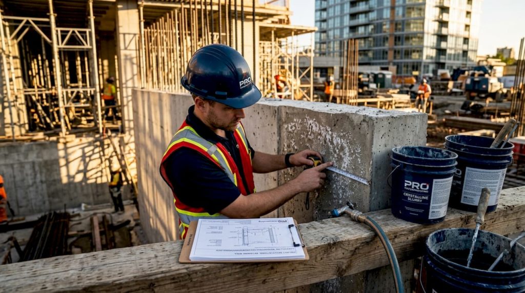 Engineer inspecting crystalline waterproofed concrete wall