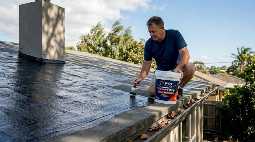 Homeowner inspecting roof waterproofing membrane