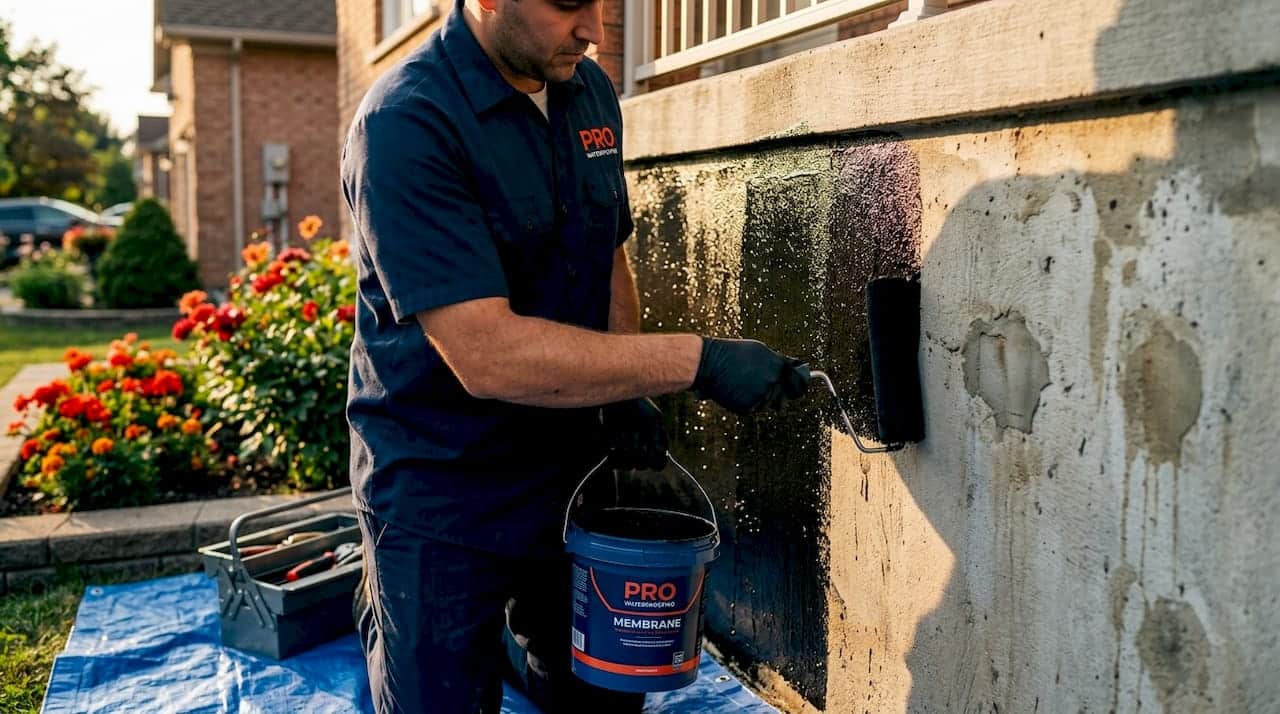 Contractor applying liquid waterproofing on foundation wall