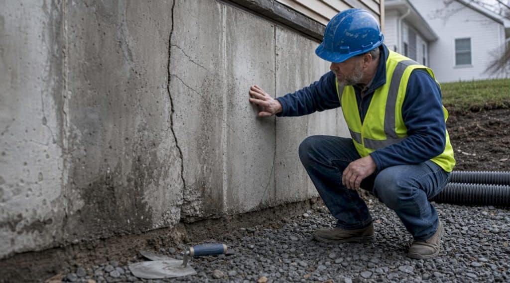 Man inspecting excavated basement foundation wall