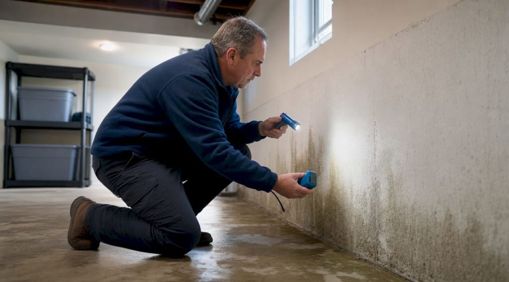Homeowner assessing damp basement wall
