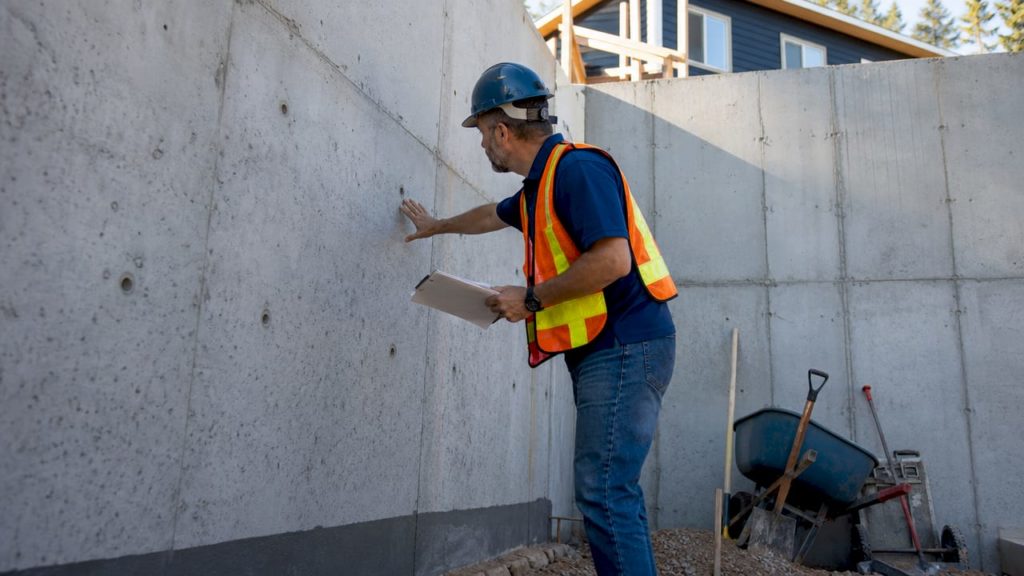 Builder inspecting basement foundation walls on site