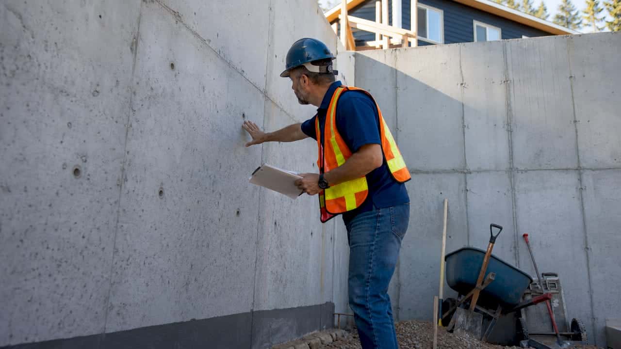 Builder inspecting basement foundation walls on site