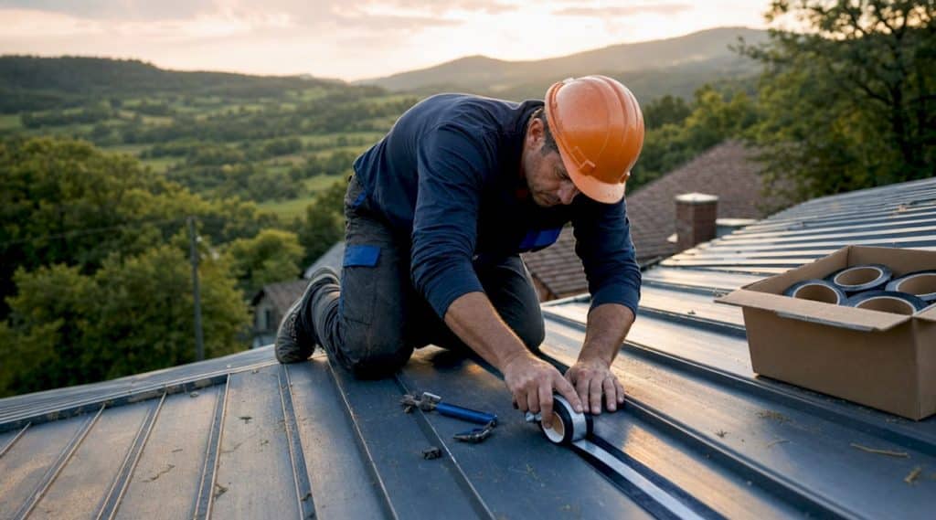 Roofer applying butyl tape on metal roof overlaps