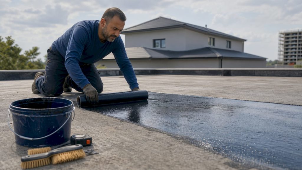 Worker applying waterproof membrane on flat roof slab