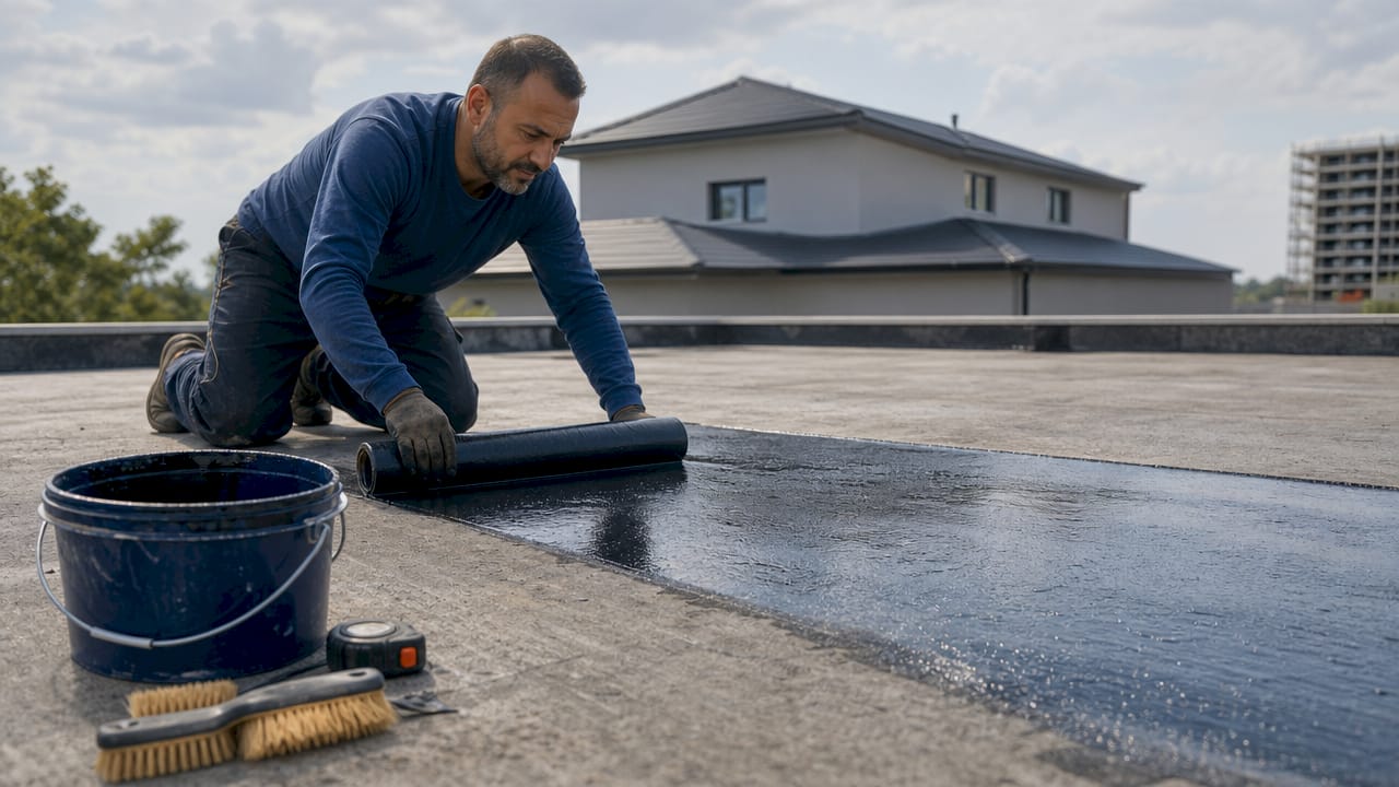 Worker applying waterproof membrane on flat roof slab