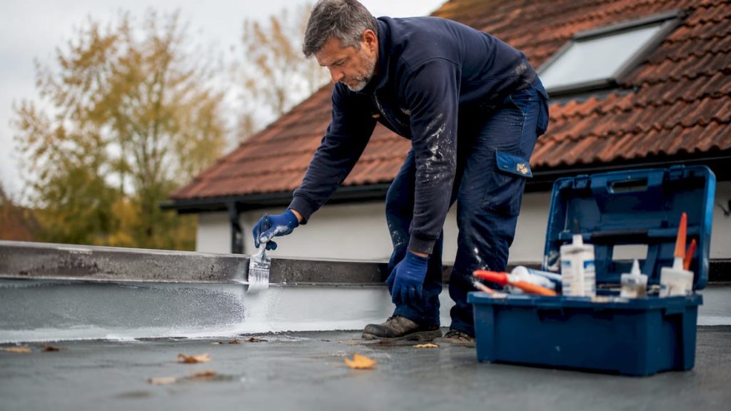 Roofer applying waterproof sealant on flat roof