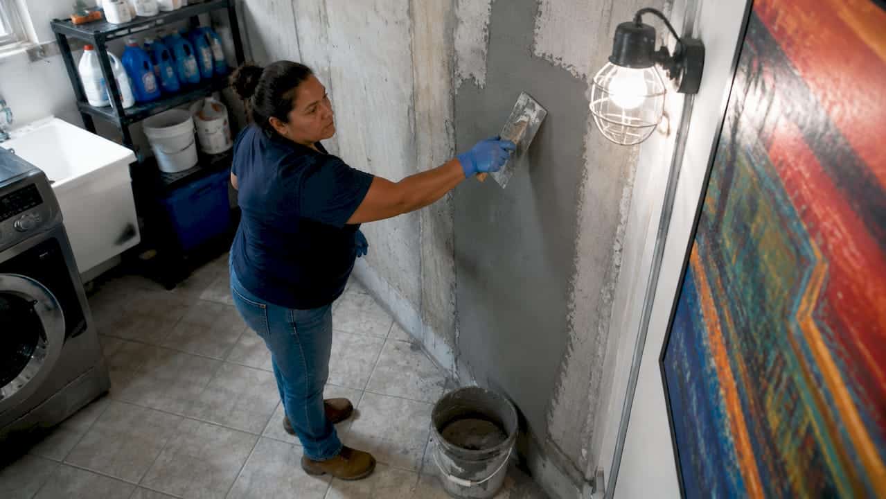 Homeowner applying waterproofing coating on basement wall