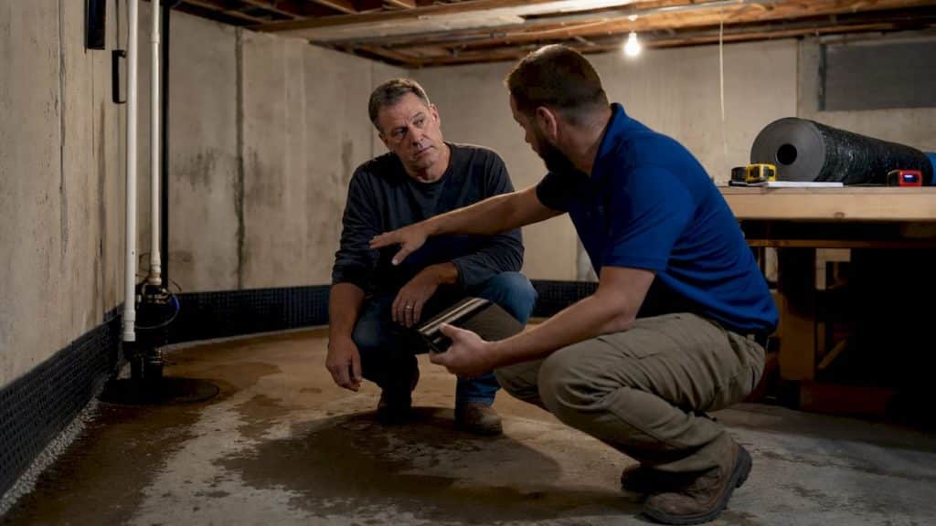 Contractor and homeowner discussing basement waterproofing