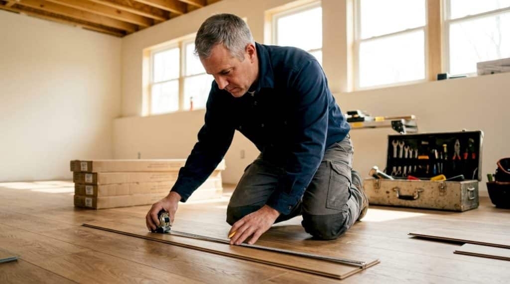 Contractor installing waterproof basement flooring