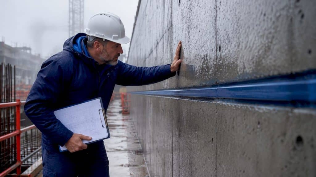 Engineer inspecting concrete waterproofing joints