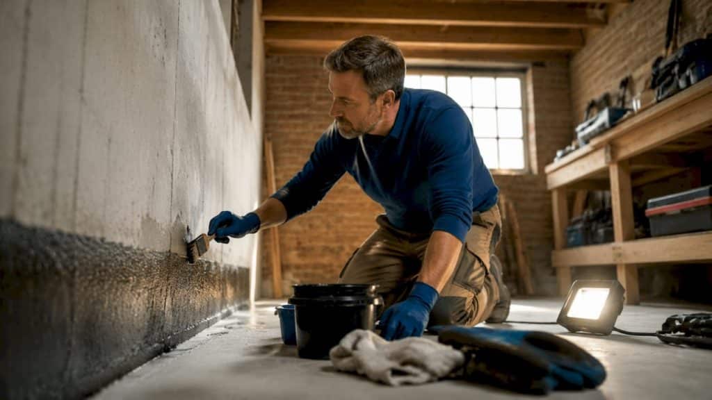 Man applying waterproof sealant to basement wall