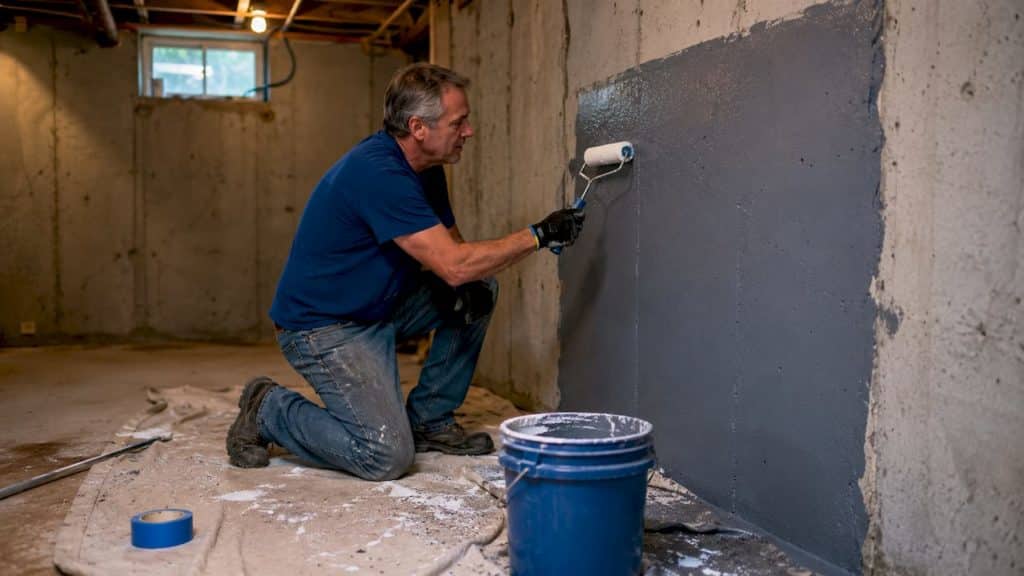 Man applying waterproof paint in basement