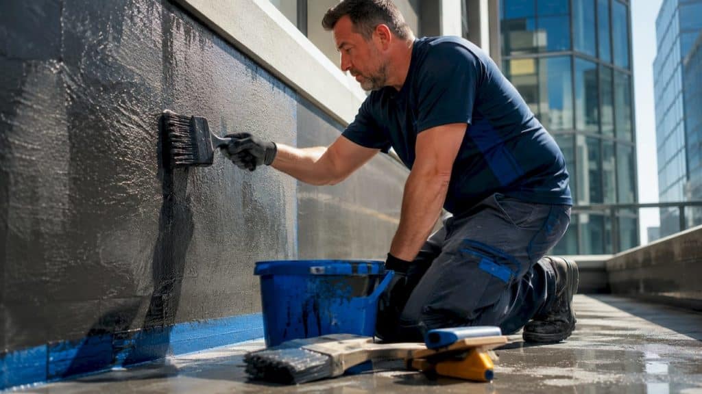 Contractor applying waterproof coating to wall