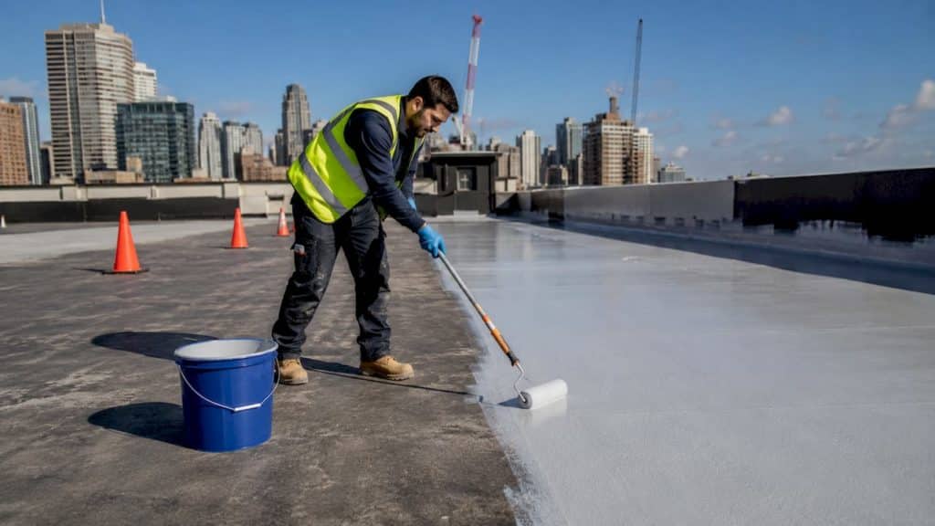 Worker applying elastomeric membrane on rooftop