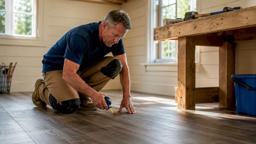 Home renovator inspecting vinyl basement floor