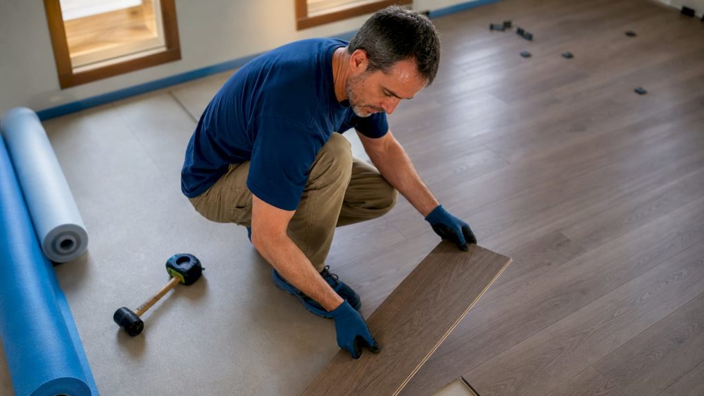 Man installing waterproof laminate flooring in basement