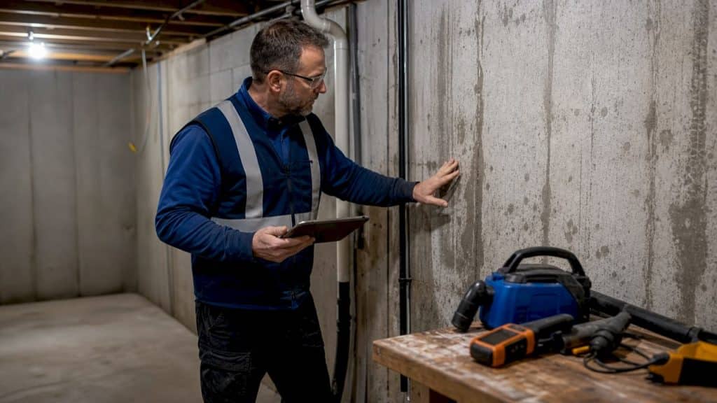 Inspector assessing basement damp wall