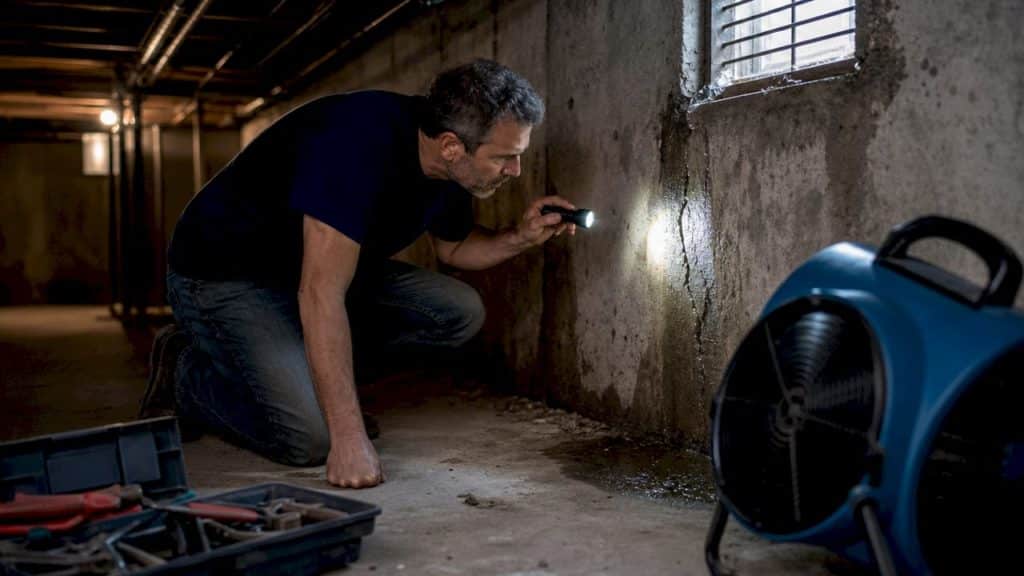Homeowner inspecting basement foundation crack