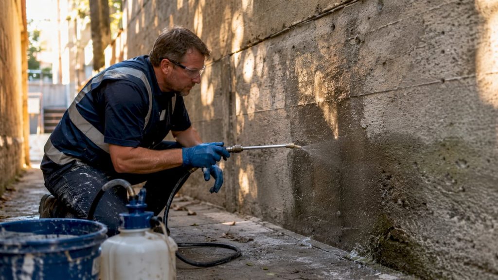 Worker spraying waterproofing chemical on concrete facade