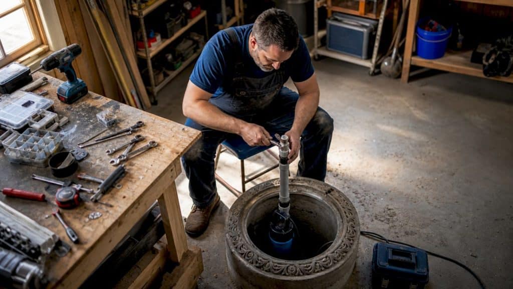Man installing basement sump pump in home basement