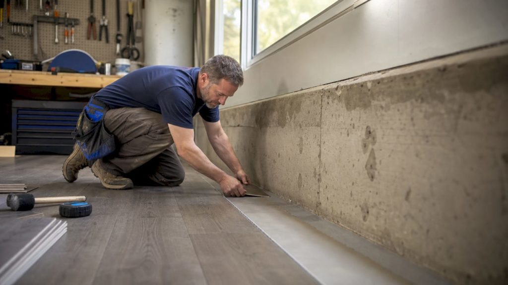 Handyman installing vinyl flooring in basement