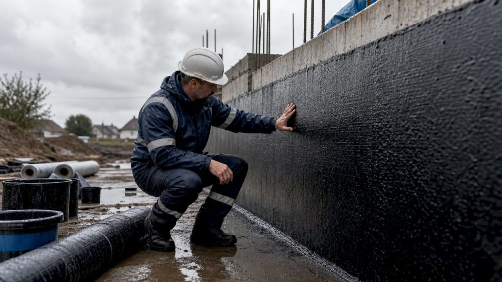 Construction worker inspecting waterproofed foundation wall