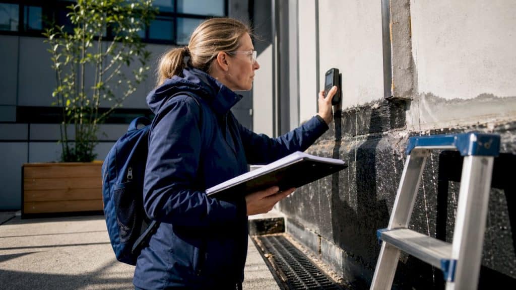 Waterproofing inspector measuring moisture on property