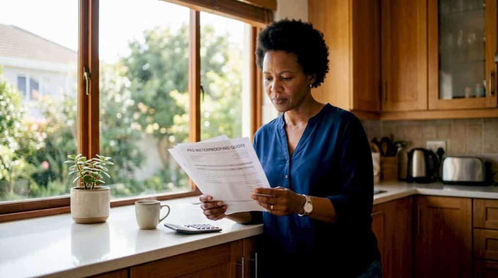 Homeowner reviewing a waterproofing quote at table