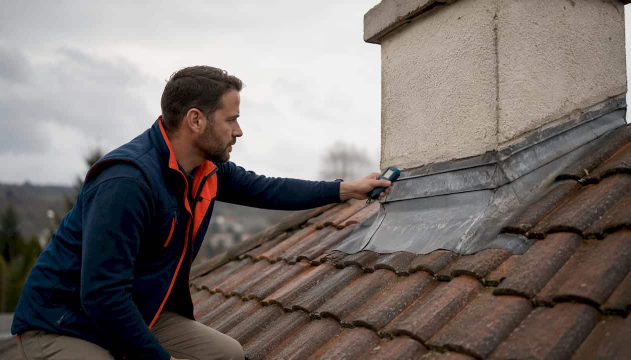 Inspector checking flashing on pitched roof