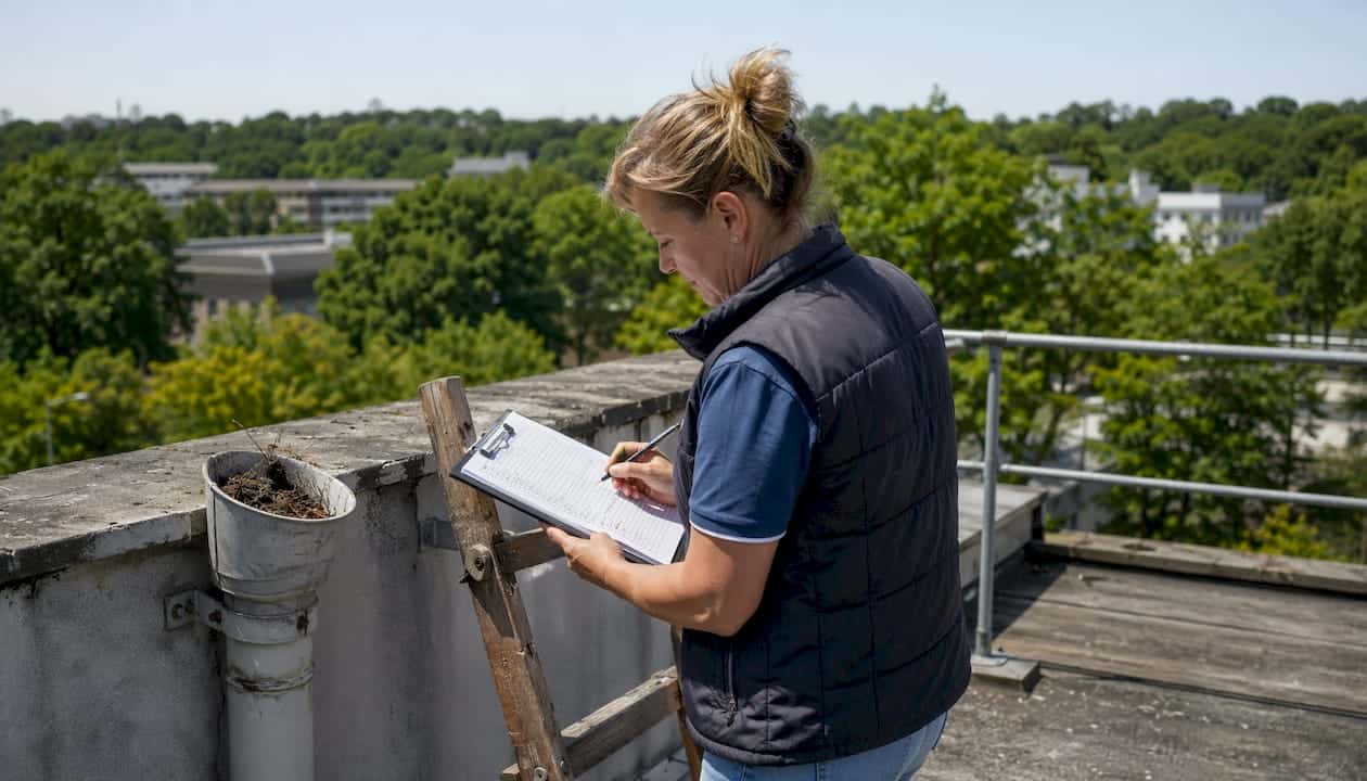 Building manager updating maintenance log on roof