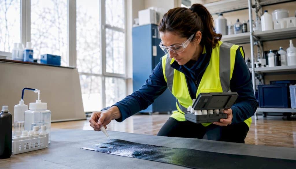 Engineer testing waterproofing membrane chemicals