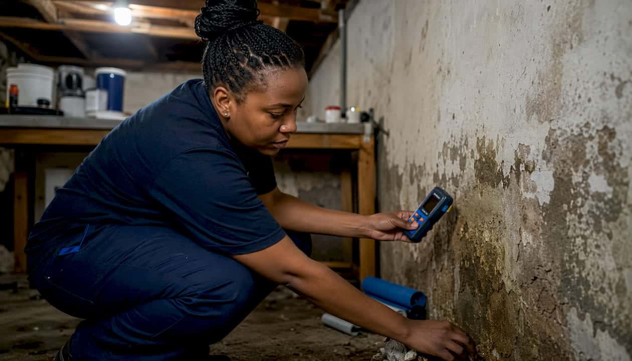 Woman using moisture meter on damp basement wall