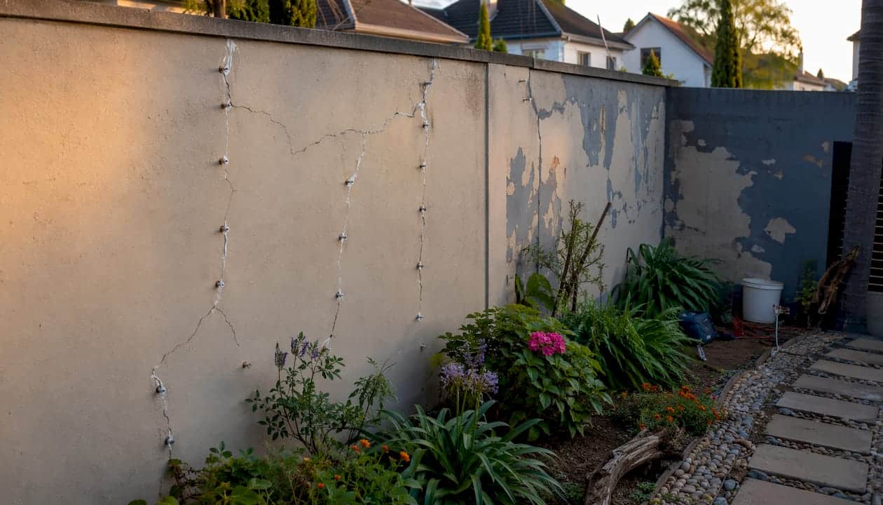 Exterior wall showing different waterproofing repairs