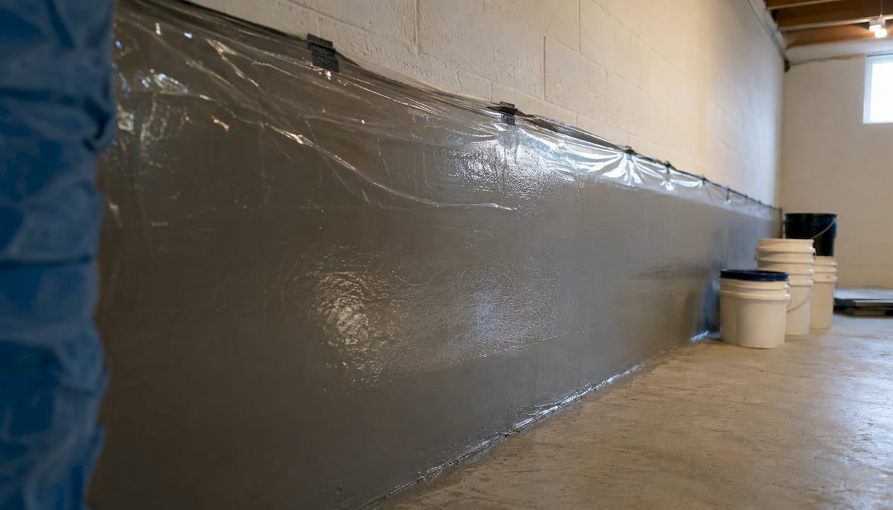 Basement wall coated and covered for curing