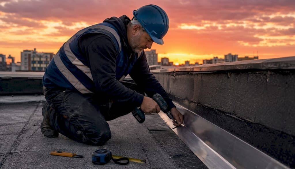 Roofer installing flashing on flat roof