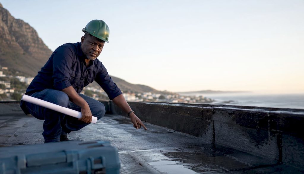 Contractor inspecting roof waterproofing on Cape Peninsula
