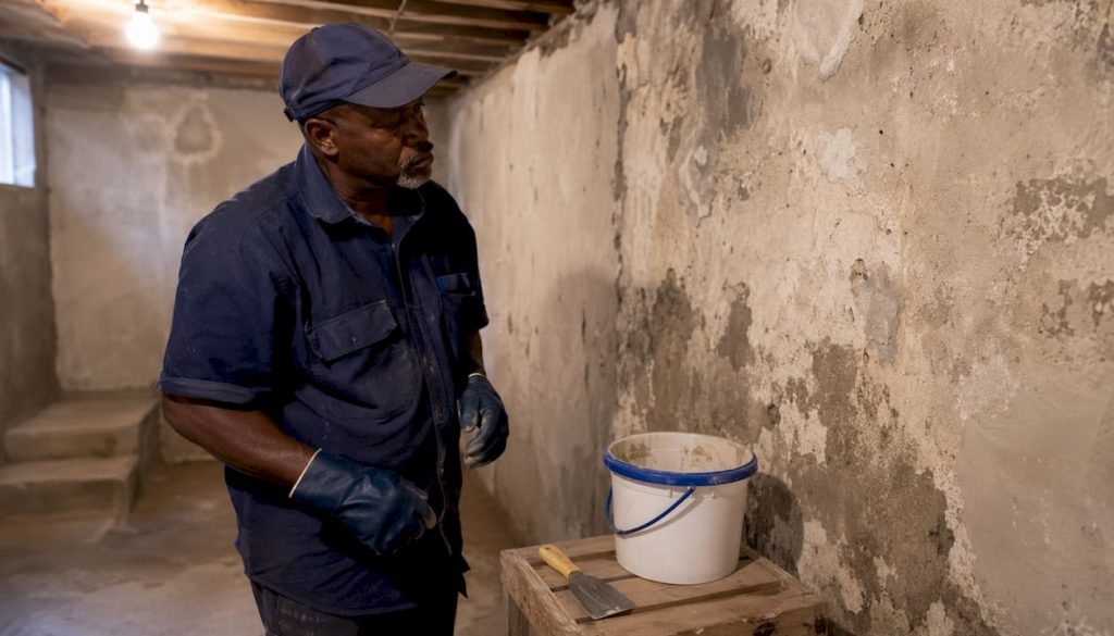 Handyman preparing basement wall for sealing