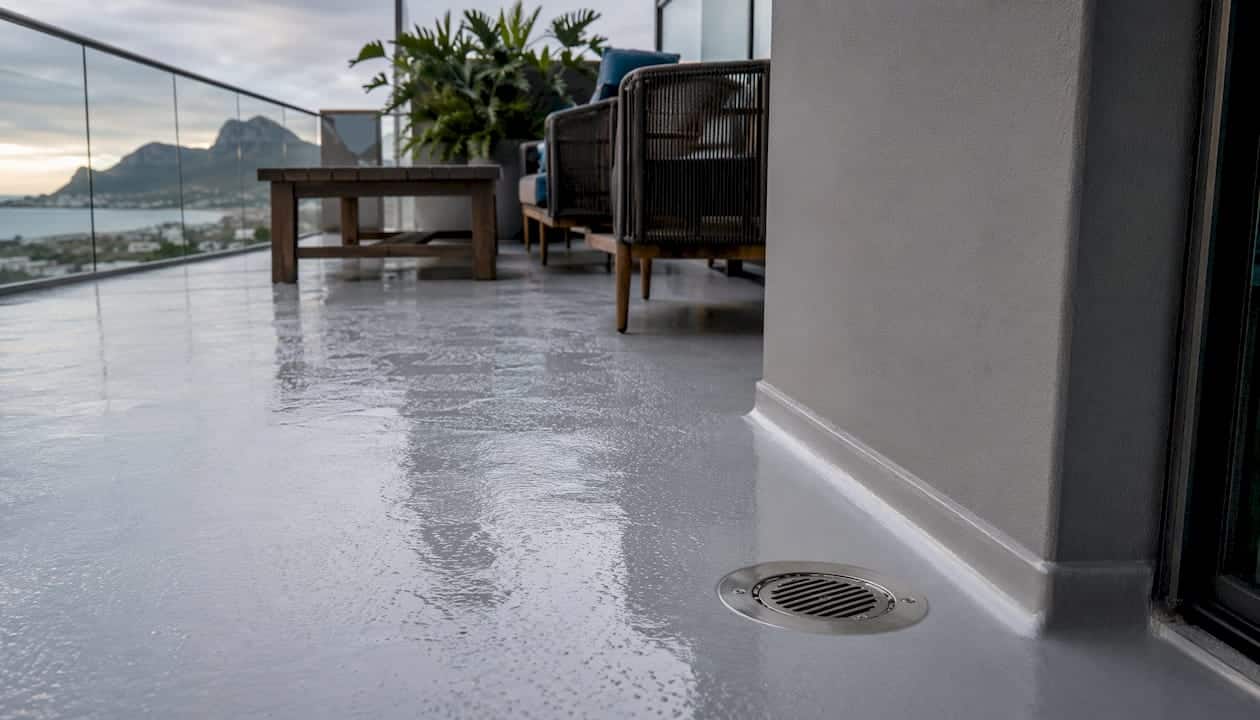 Close-up of fibreglass waterproofed balcony floor