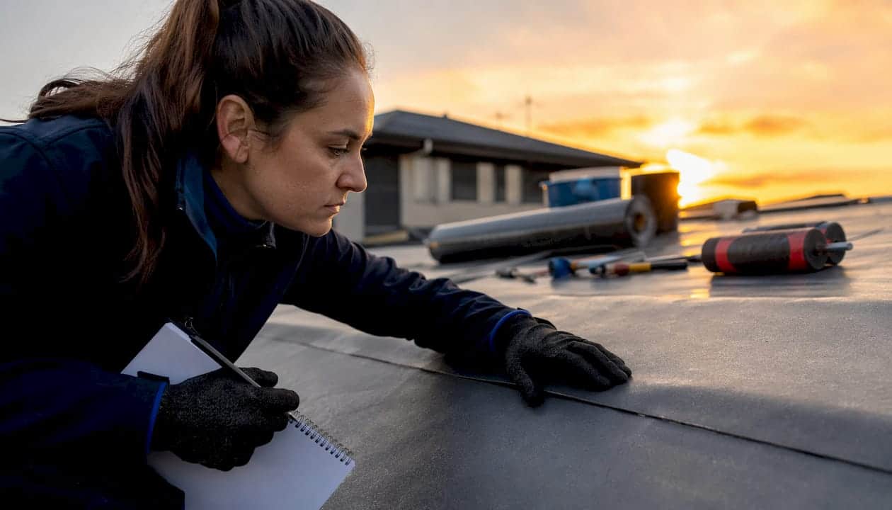 Close-up of roof membrane joint inspection