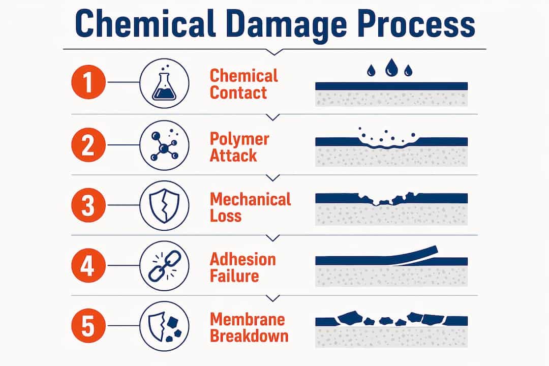 Infographic illustrating stages of chemical damage to membranes