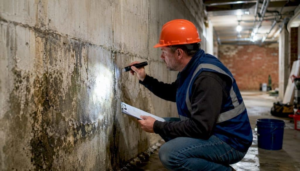 Inspector examining water damage on building wall