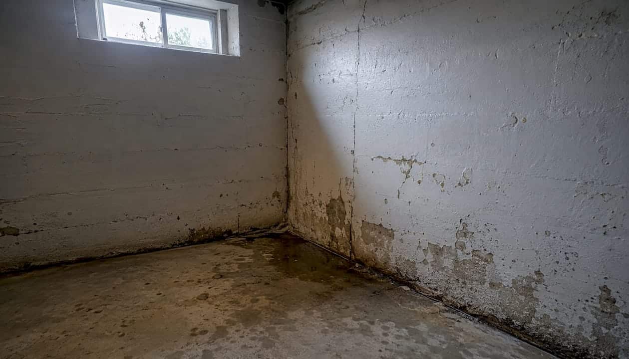 Close-up of cracked damp corner joint in building