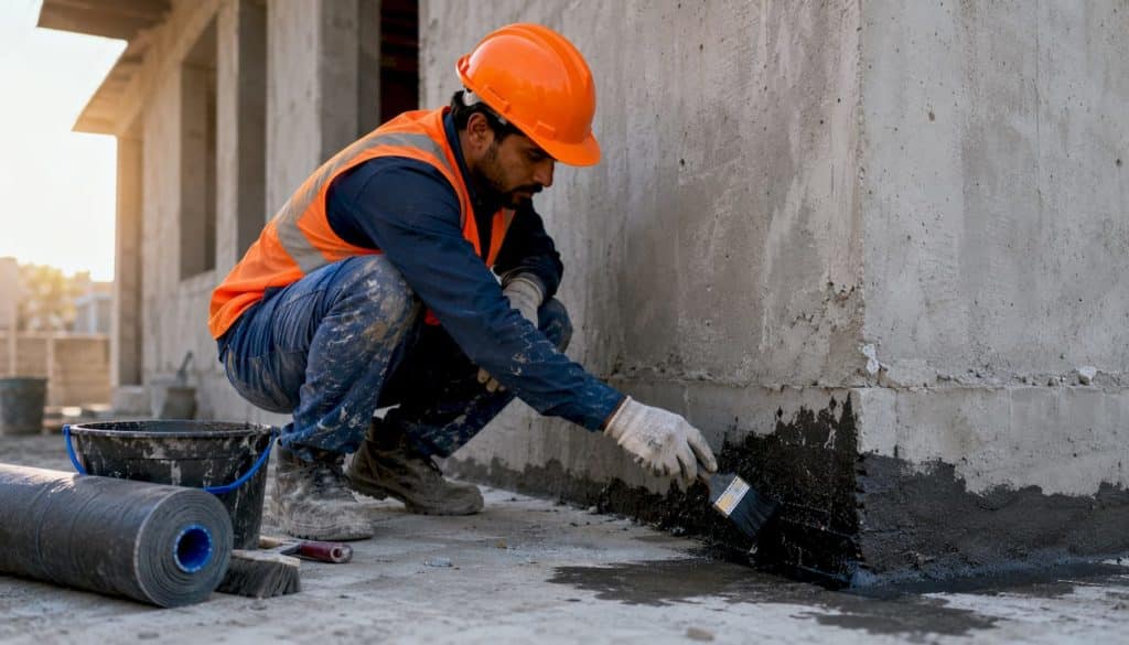Technician applying waterproofing membrane at building corner